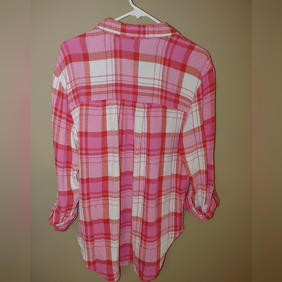 Cato Pink and Red Plaid Button-Up Shirt W/button Sleeves, Size M Nwt - Picture 2 of 6